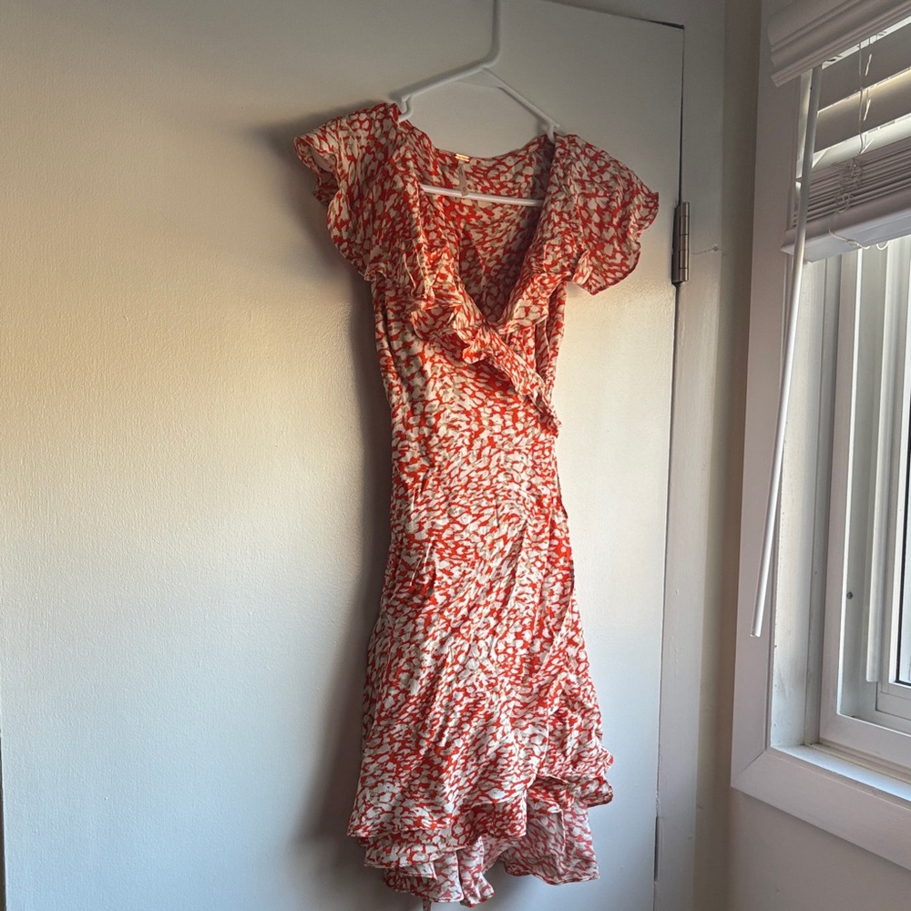 Free People Coral and White Ruffle Mini Dress